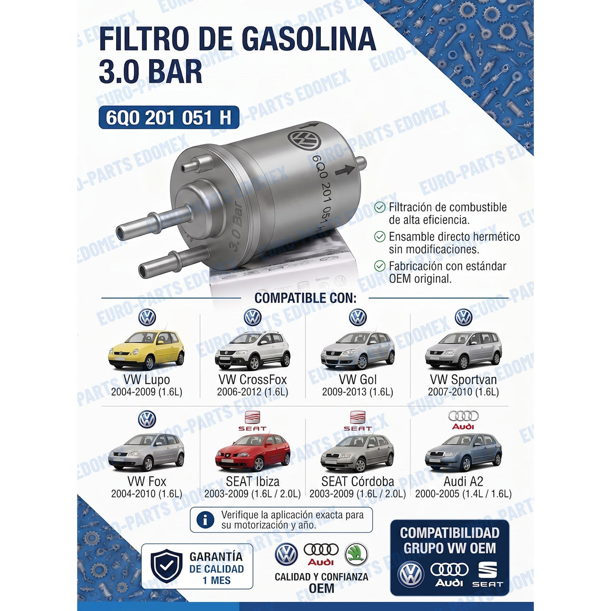 Filtro Gasolina 3.0 Bar 6Q0201051H - Polo Golf MK4 Beetle Lupo CrossFox Ibiza