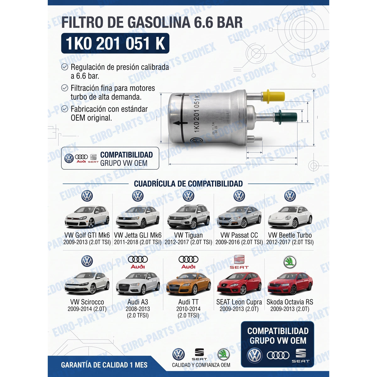 Filtro Gasolina 6.6 Bar 1K0201051K - Bora Jetta A5 Golf GTI MK5 Passat B6 Leon Cupra