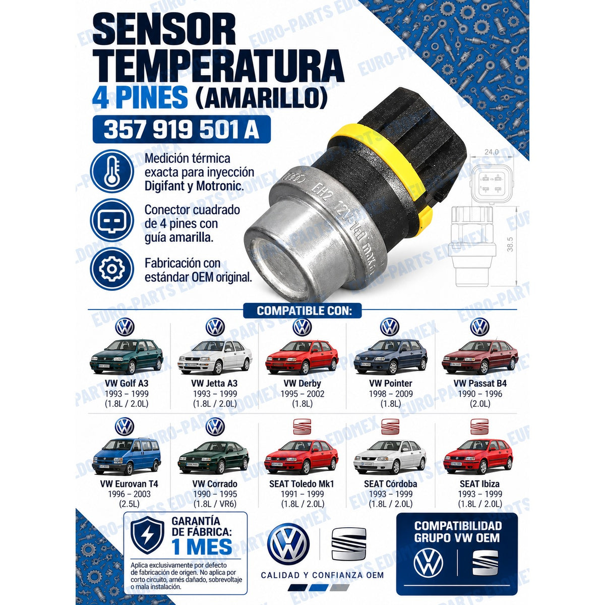 Bulbo Sensor Temperatura Cinturón Amarillo 357919501a - Golf Jetta A3 Derby Pointer