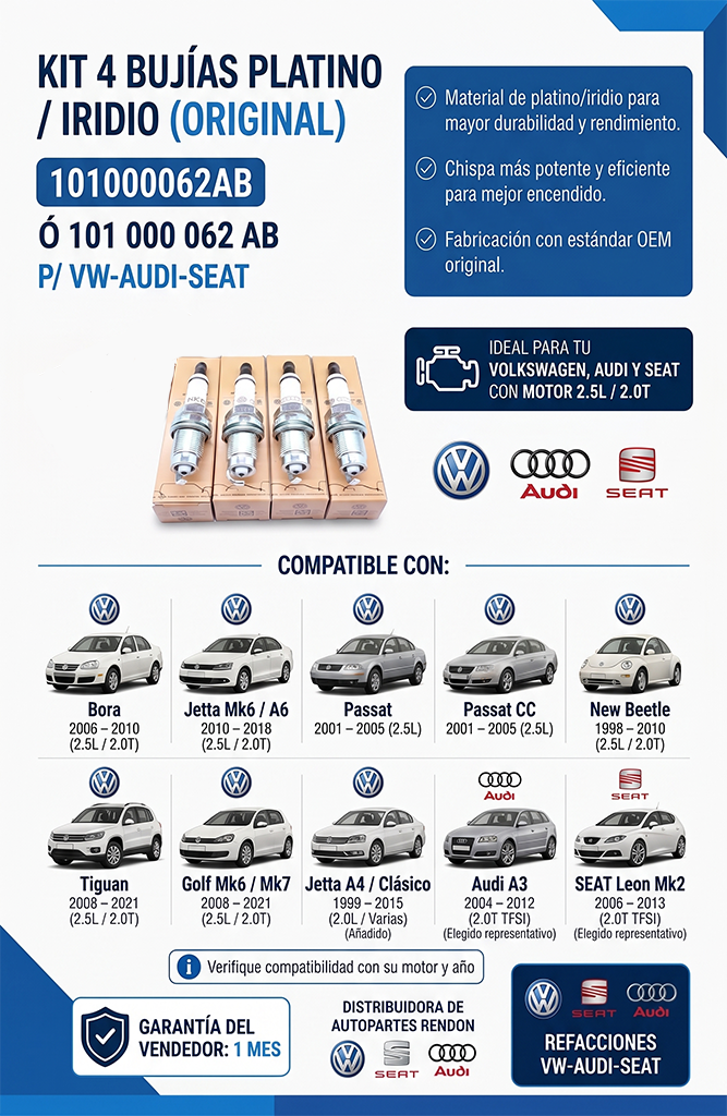 Kit 4 Bujías Platino / Iridio (original) Grupo Vw
